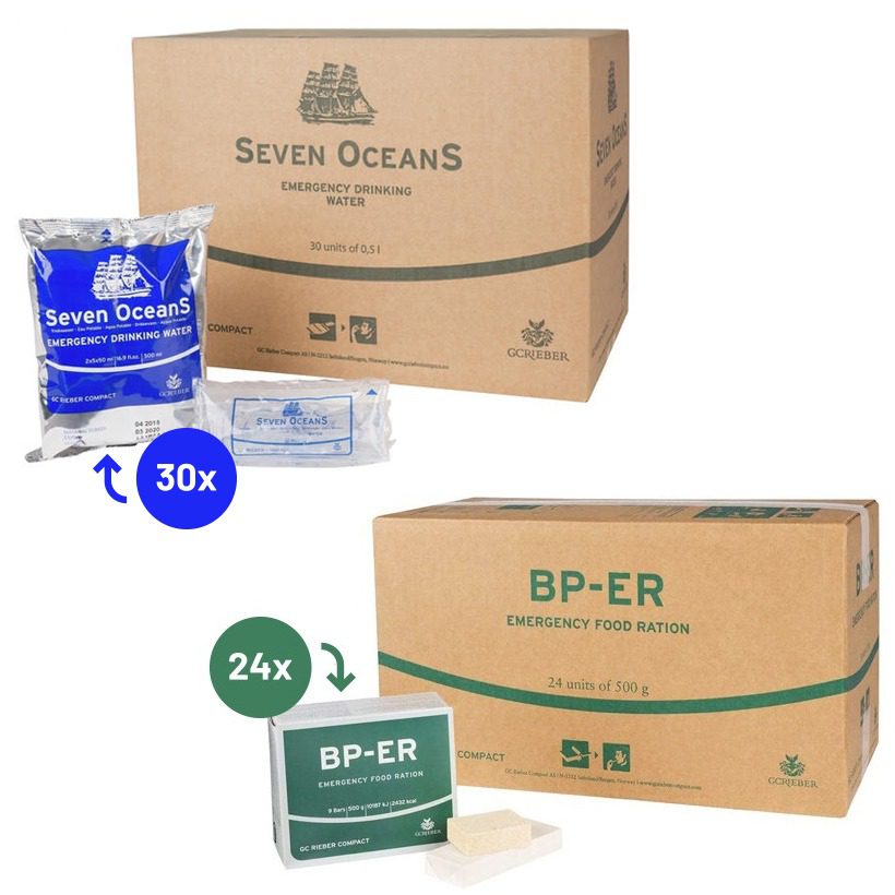 24x BP-ER noodrantsoen en 30x Seven Oceans drinkwater