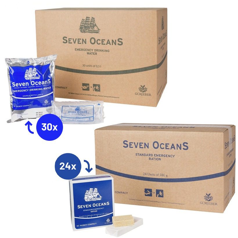 24x Seven Oceans noodrantsoen en 30x Seven Oceans drinkwater